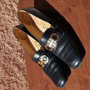 Salvatore Ferragamo Gancini Navy Leather Loafers